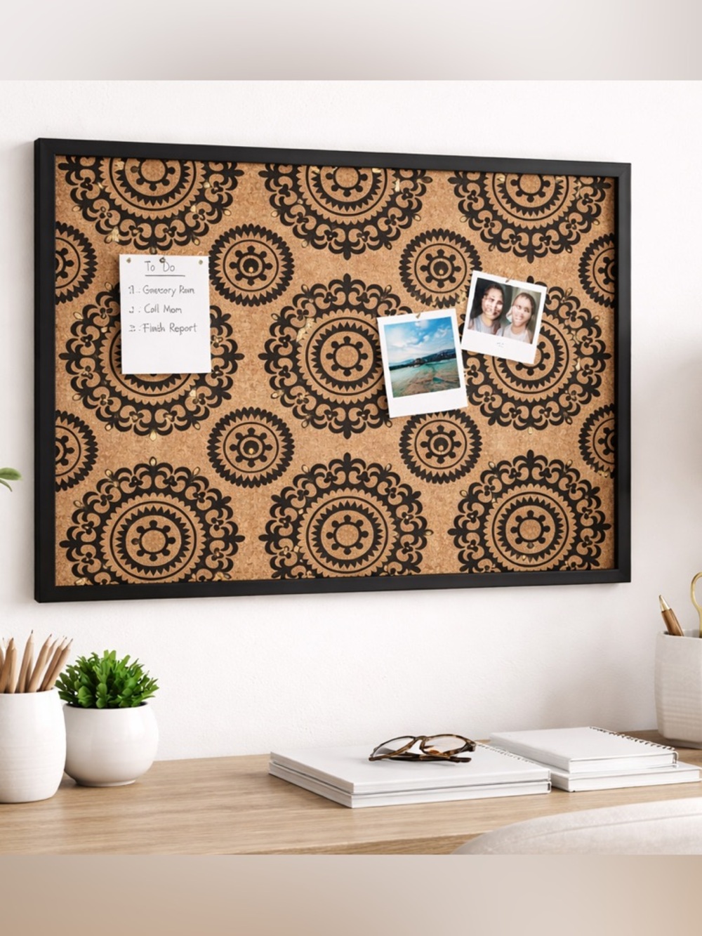 Decorative Cork Bulletin Board with Black Mandala Pattern